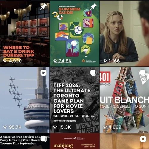 A grid of six social media posts about events in Toronto, featuring graphics, text, and photos.