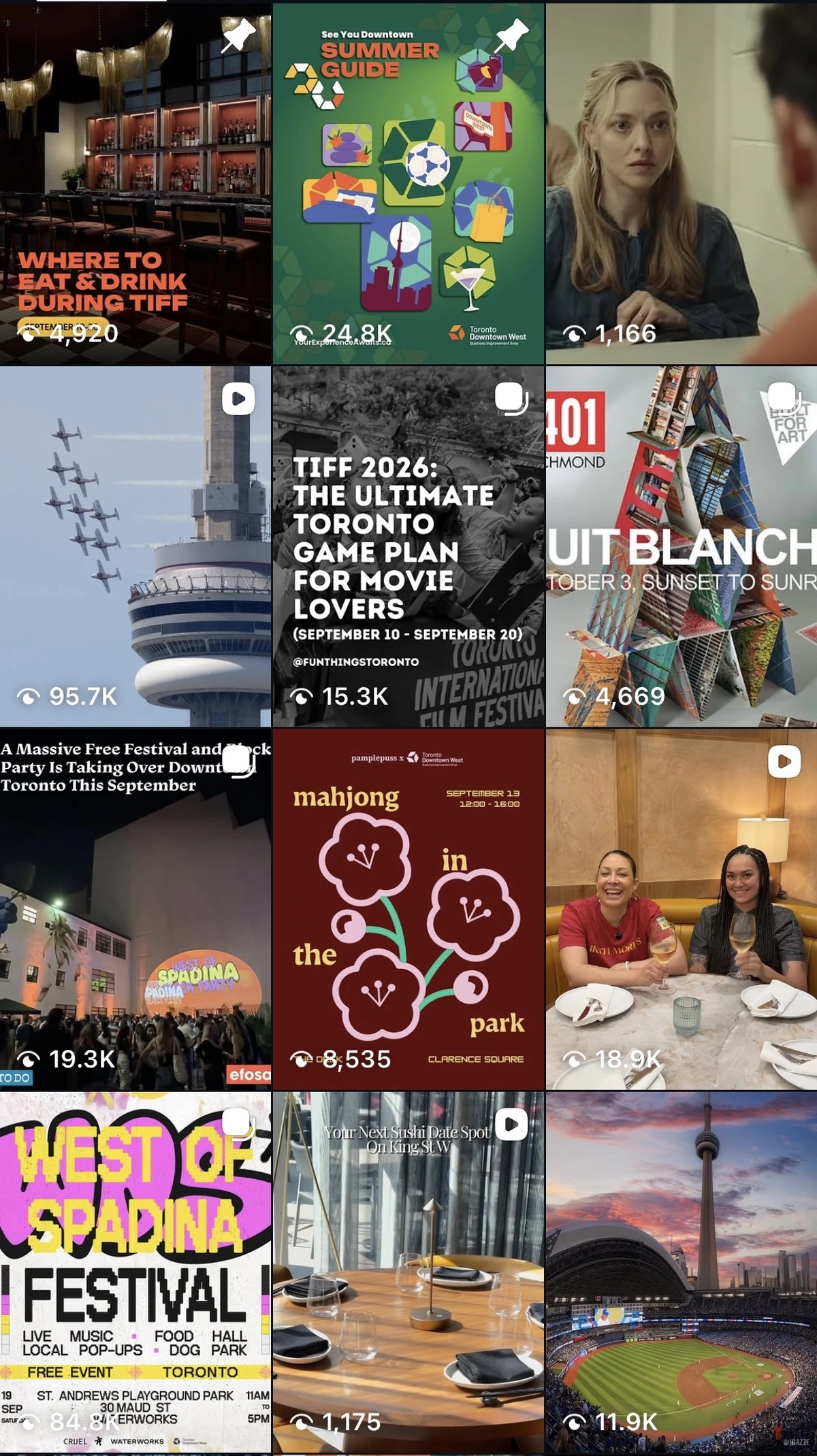 A social media grid showing various event posters, clips, and photos related to Toronto city life and festivals.