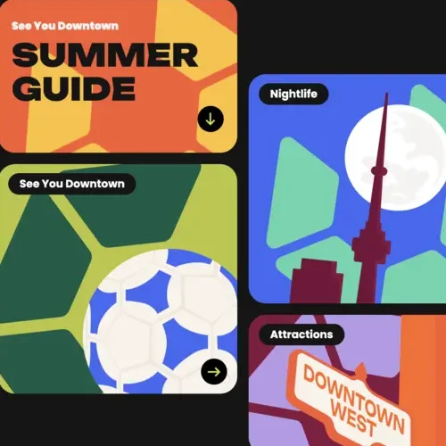 Graphic tiles for a Summer Guide featuring icons for Nightlife, sports, and Downtown West attractions.