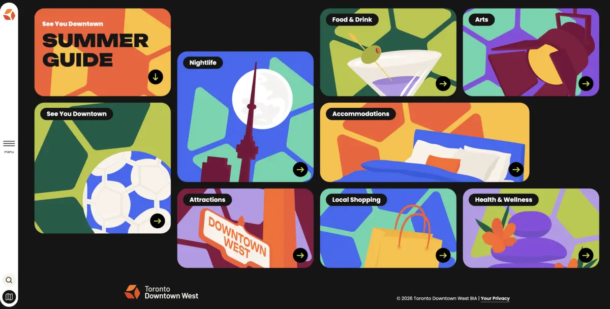 Graphic tiles for a Summer Guide featuring icons for Nightlife, sports, and Downtown West attractions.