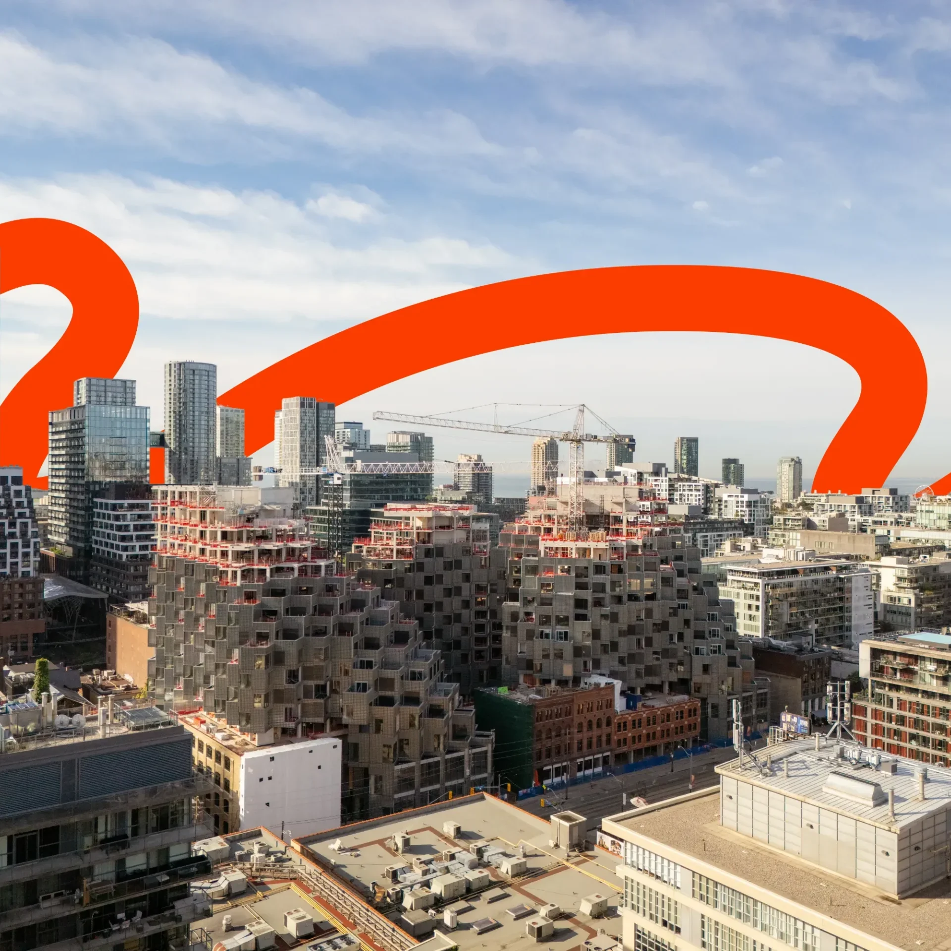 Aerial view of a city skyline with modern high-rise buildings and construction sites overlaid with a red curved line.